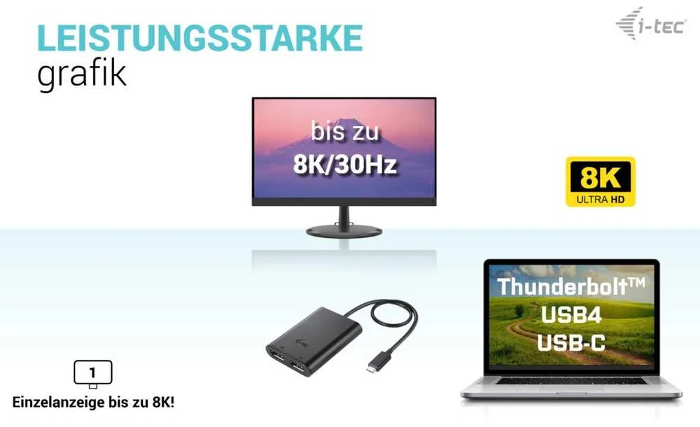 I-tec USB-C Dual 4K/60Hz (vienas 8K/30Hz) DP vaizdo adapteris