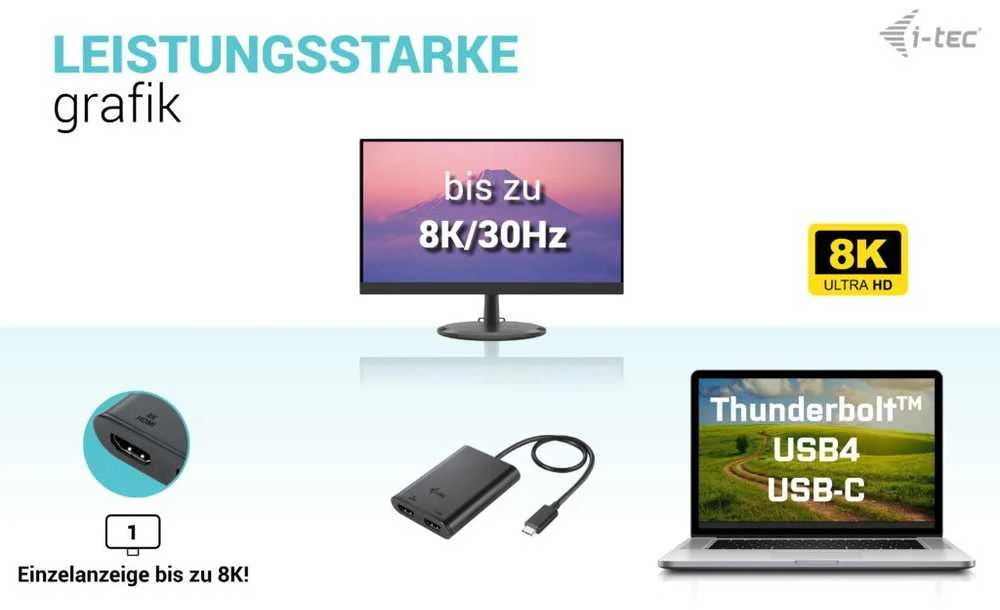 I-tec USB-C Dual 4K/60Hz (vienas 8K/30Hz) HDMI vaizdo adapteris