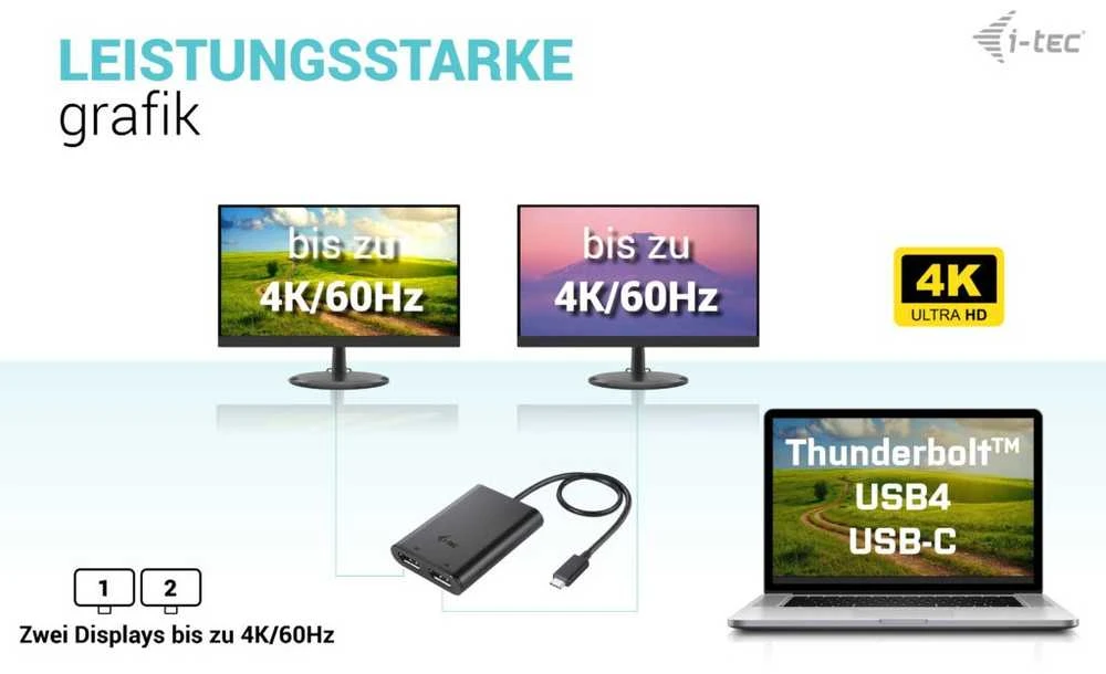 I-tec USB-C Dual 4K/60Hz (vienas 8K/30Hz) DP vaizdo adapteris