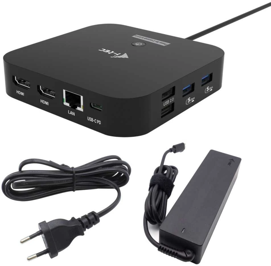„I-tec USB-C“ dvigubas HDMI 2xHDMI 4K 60Hz 2x USB-C (10Gbps+5Gbps) 4x USB-A (2x5Gbps) Maitinimo tiekimas 100W LAN Garsas + universalus įkrovimas 100W