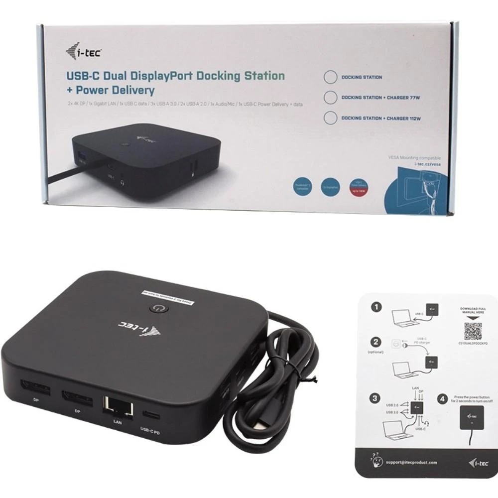 I-TEC USB-C Dviguba Ekrano MST prijungimo stotis 2x DP 1x GLAN 3x USB 3.1 2x USB 2.0 1x USB-C-Data 1x Audio / Mic Jack be maitinimo adapterio