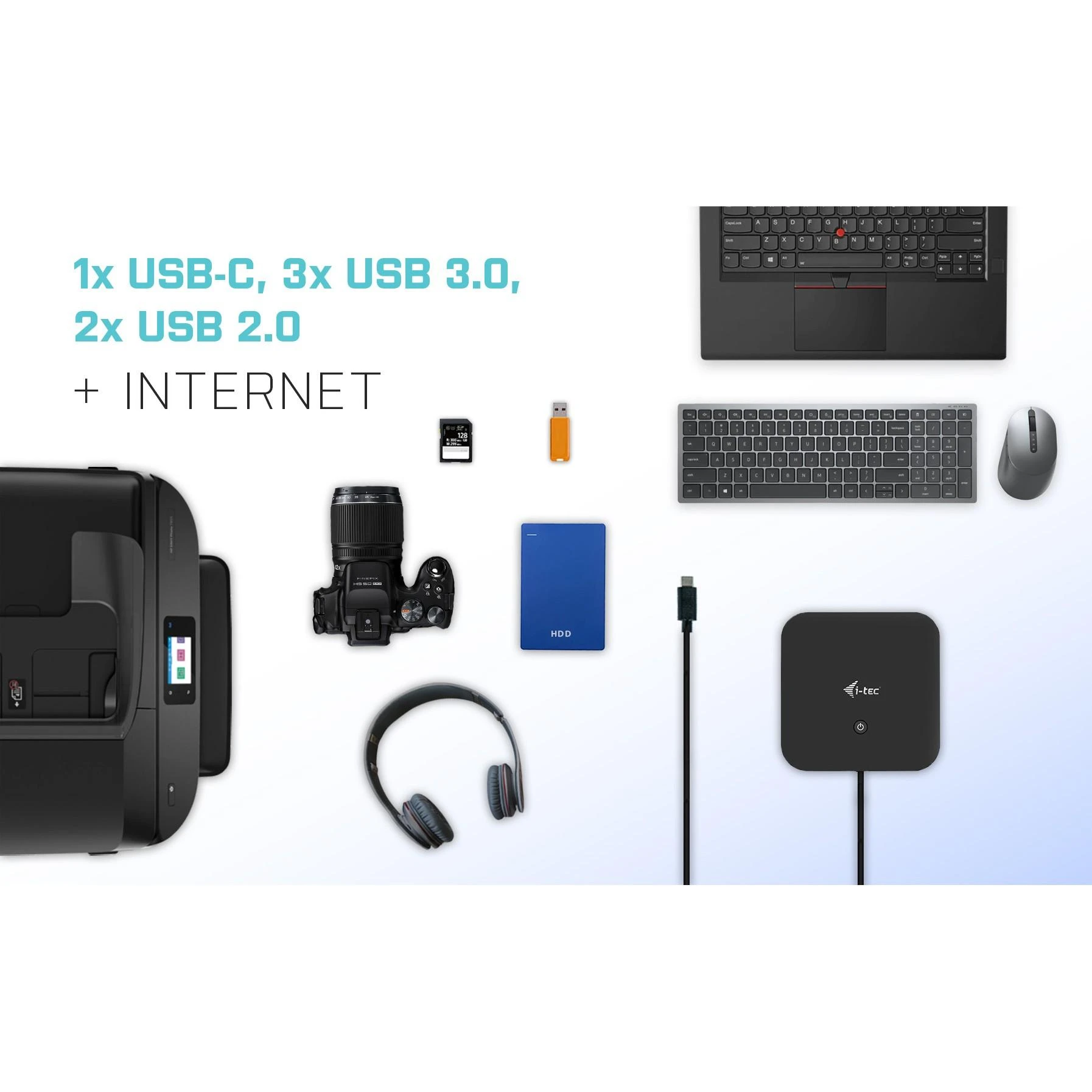 I-TEC USB-C Dual Ekranas MST DS 1xDP 1xHDMI 1xGLAN 3xUSB 3.0 2x USB 2.0 1xUSB-C-Datei 1xGarso / mikrofono lizdas 1x100W USB-C PD