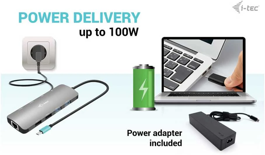 I-TEC USB-C metalinis nano dokas 2 x HDMI 1 x GLAN 2 x USB 3.2 2 x USB 2.0 1 x USB-C 3.2 Gen.1 duomenys 1 x USB-C 100 W PD + 100 W įkroviklis