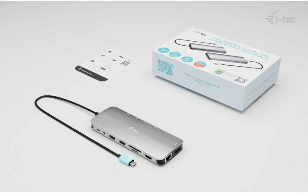 I-tec USB-C Metal Nano 3x Ekrano Docking Station 2x HDMI 1x USB-C video LAN Audio Skaitytuvas kart Maitinimo tiekimas 140W