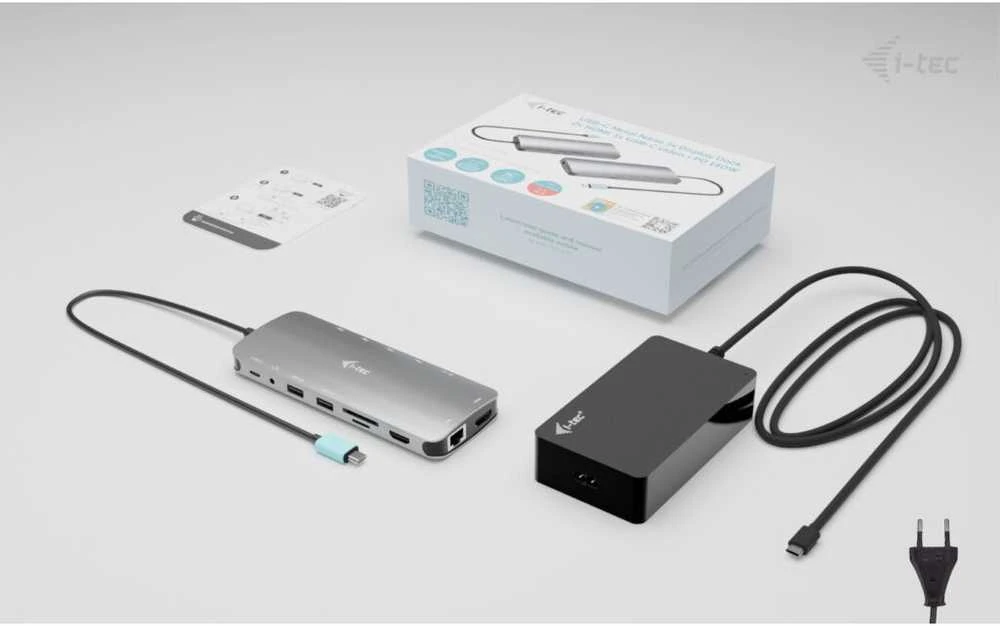 I-tec USB-C Metal Nano 3x Ekranas Docking Station 2x HDMI 1x USB-C video LAN Audio Skaitytuvas kart Maitinimas 140W + Įkroviklis 140W