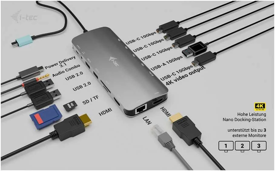 I-tec USB-C Metal Nano 3x Ekranas Docking Station 2x HDMI 1x USB-C video LAN Audio Skaitytuvas kart Maitinimas 140W + Įkroviklis 140W