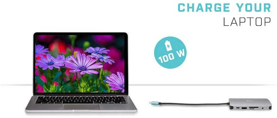 I-TEC USB-C metalinis dokas 1xHDMI 1xVGA 1xSD+1xmicroSD kortelių skaitytuvas 1xGLAN 1xgarsas / mikrofonas 3xUSB 3.1 1xUSB-C duomenys 1xUSB-C PD + įkroviklis 100W