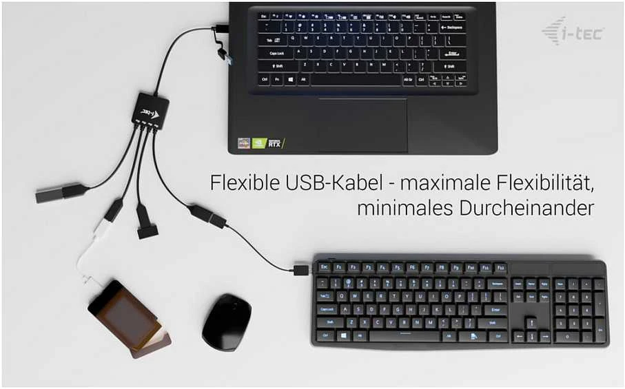 I-tec USB-C/USB-A kabelio šakotuvas, 4 prievadų (2x USB-C, 2x USB-A), iki 5 Gbps, lankstus kabelio šakotuvas, 60 g