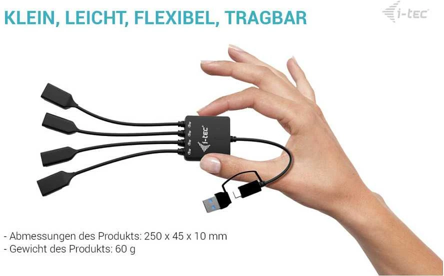I-tec USB-C/USB-A kabelio šakotuvas, 4 prievadų (2x USB-C, 2x USB-A), iki 5 Gbps, lankstus kabelio šakotuvas, 60 g