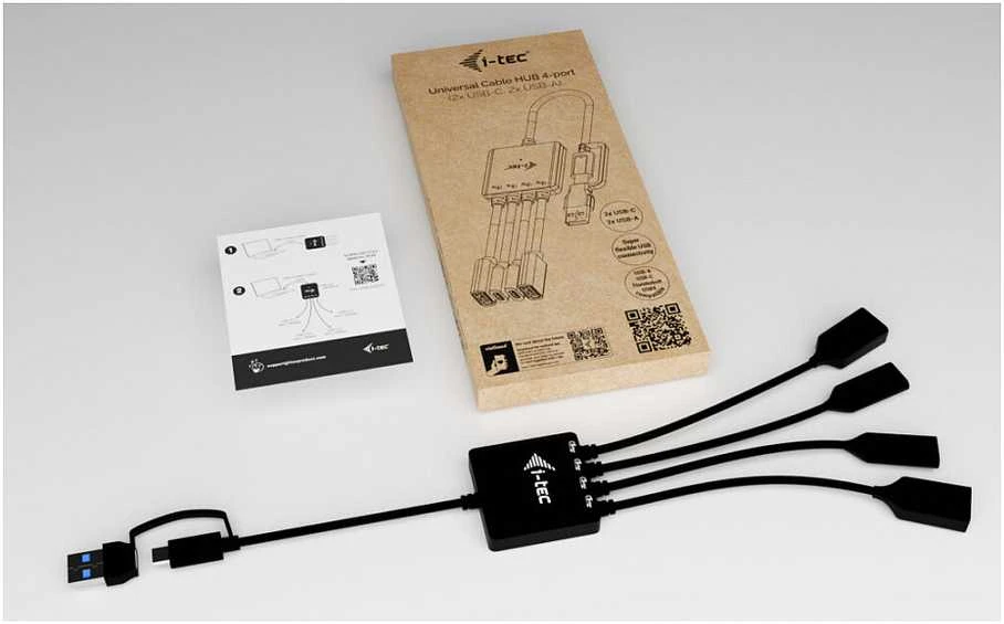 I-tec USB-C/USB-A kabelio šakotuvas, 4 prievadų (2x USB-C, 2x USB-A), iki 5 Gbps, lankstus kabelio šakotuvas, 60 g