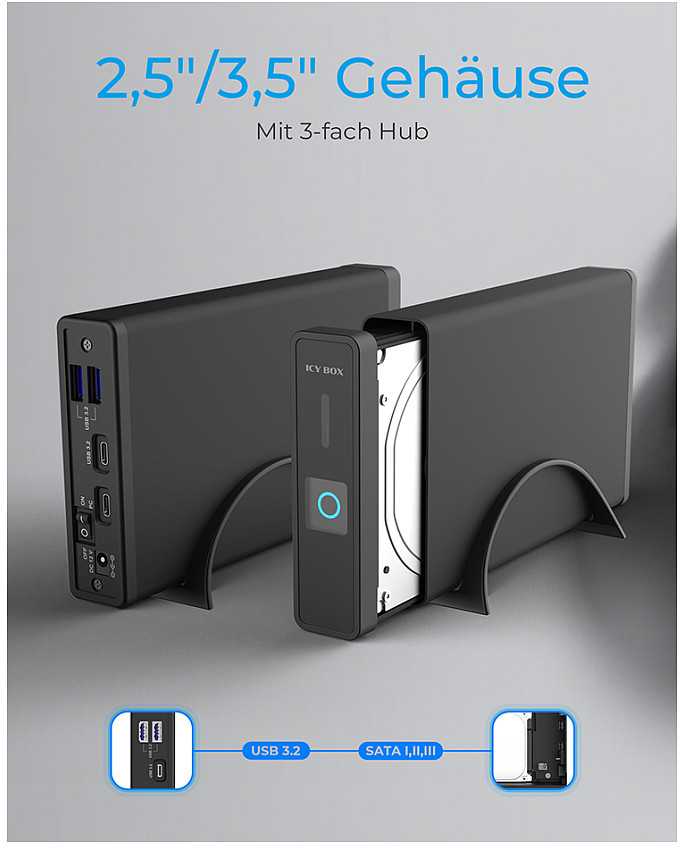 Icy Box RaidSonic ICYBOX IB-382H-C31 išorinis korpusas, skirtas 3,5 colio arba 2,5 colio HDD / SSD su USB 3.2 Gen 2 Type-C sąsaja ir USB šakotuvu