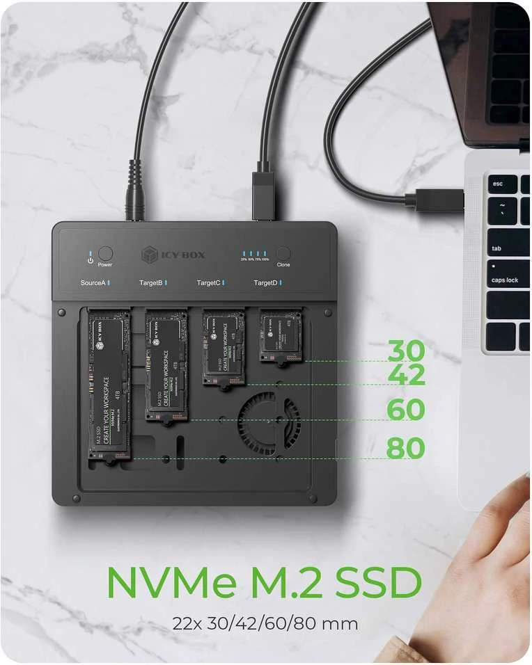 Icy Box „Raidsonic“ 4 skyrių USB4 dauginimo įrenginys (1:3 klonas), skirtas NVMe M.2 SSD | IB-4013MCL-C4