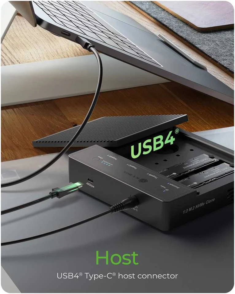 Icy Box „Raidsonic“ 4 skyrių USB4 dauginimo įrenginys (1:3 klonas), skirtas NVMe M.2 SSD | IB-4013MCL-C4