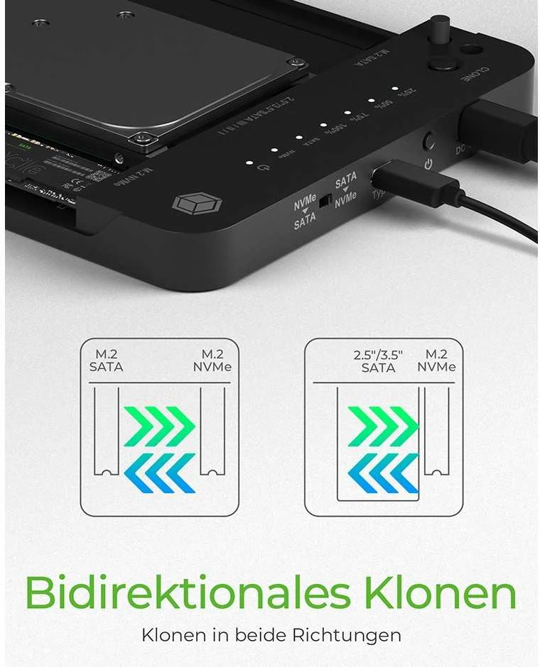 „Raidsonic Icy Box IB-2915MSCL-C31“ prijungimo stotelė ir „CloneStation“, skirta M.2 NVMe ir M.2 SATA SSD ir 2,5 colio / 3,5 colio SATA SSD / HDD