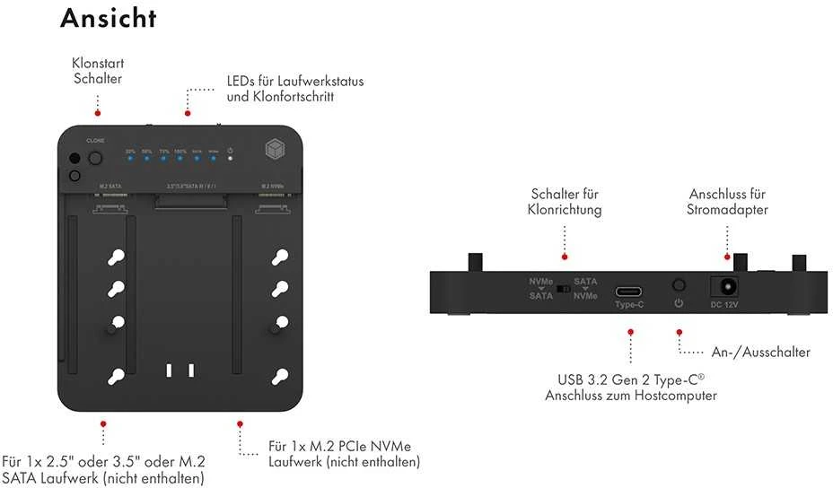 „Raidsonic Icy Box IB-2915MSCL-C31“ prijungimo stotelė ir „CloneStation“, skirta M.2 NVMe ir M.2 SATA SSD ir 2,5 colio / 3,5 colio SATA SSD / HDD