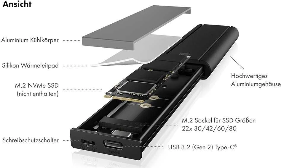Icy Box „RaidSonic ICYBOX IB-1807MT-C31“ išorinis korpusas, skirtas M.2 NVMe SSD USB 3.2 Gen 2 Type-C
