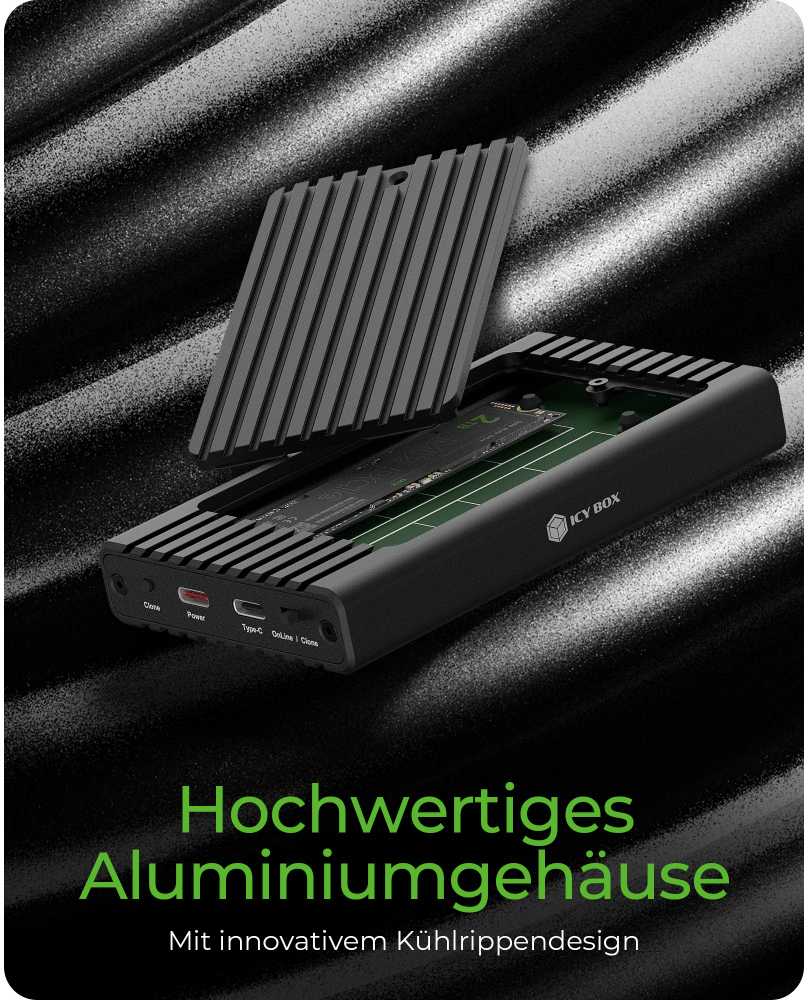 ICY BOX IB-2817MCL-C31 Externes USB-C 3.2 Gehuse fr 2x M.2 NVMe SSD mit Klonfunktion