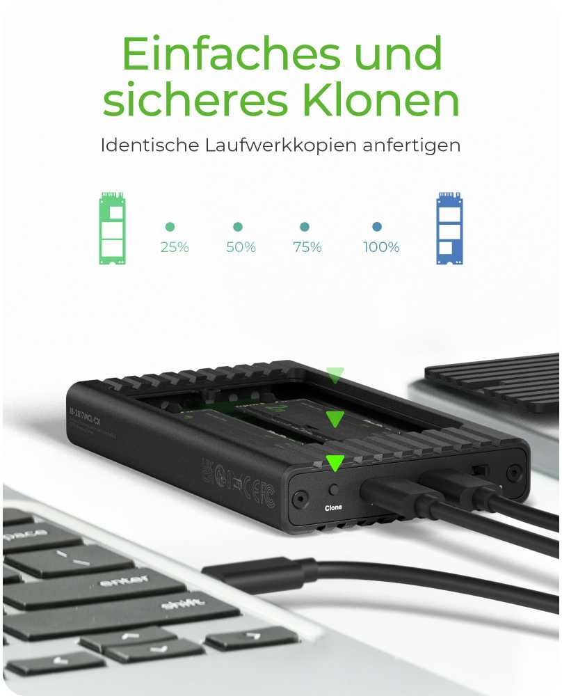 ICY BOX IB-2817MCL-C31 Externes USB-C 3.2 Gehuse fr 2x M.2 NVMe SSD mit Klonfunktion