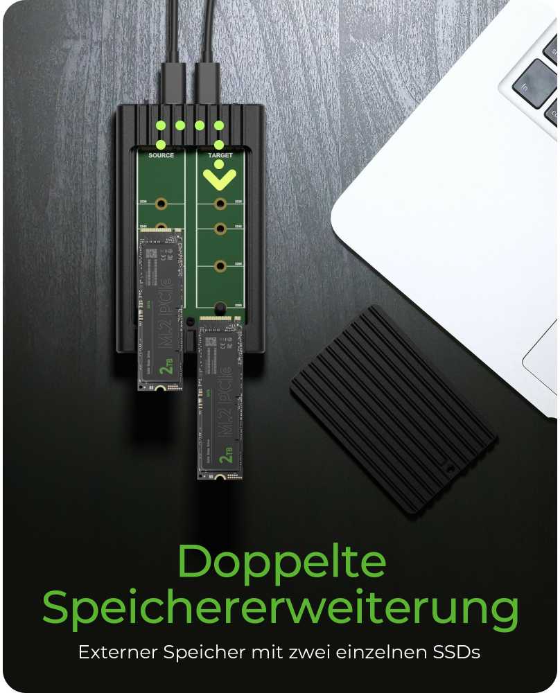ICY BOX IB-2817MCL-C31 Externes USB-C 3.2 Gehuse fr 2x M.2 NVMe SSD mit Klonfunktion