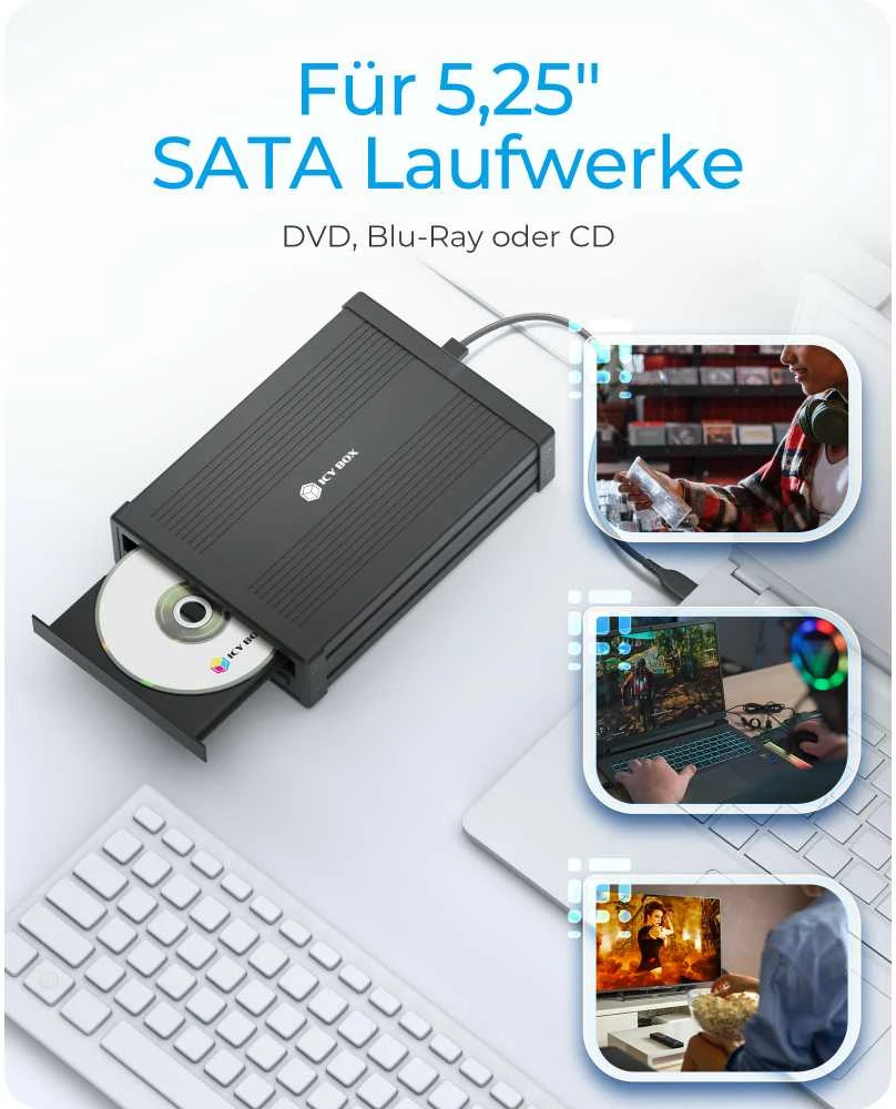RaidSonic ICY BOX IB-525-U3 korpusas vienam 5,25 colio SATA įrenginiui – palaiko CD/DVD/Blu-ray