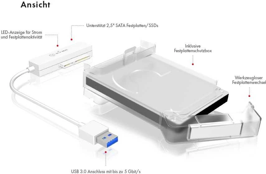 Raidsonic | ICY BOX | Adapterio laidas su apsauginiu dangteliu 2,5" SATA kietiesiems diskams prie USB 3.0, mėlynas Access LED | SATA | USB 3.0 | 2,5"