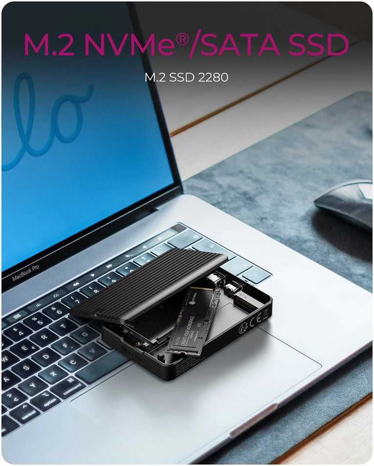 Atidarytas ICY BOX M.2 SSD korpusas su vidiniu disku