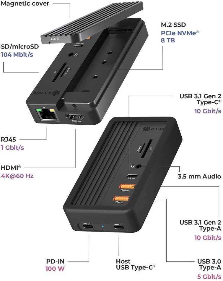 ICY BOX 10w1 | M.2 NVMe SSD | HDMI 4K 60Hz | PD 3.0