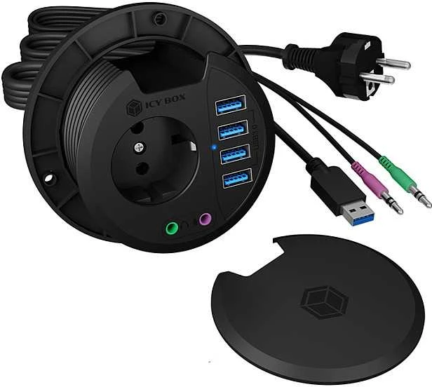 ICY BOX stalo stebulė 4x USB 3.0 Type-A su garso įvestimi/išvestimi ir Schuko Socket CEE 7/3 skersmens 80 mm Juodas