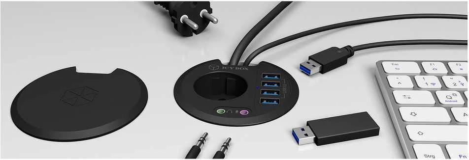 ICY BOX stalo stebulė 4x USB 3.0 Type-A su garso įvestimi/išvestimi ir Schuko Socket CEE 7/3 skersmens 80 mm Juodas