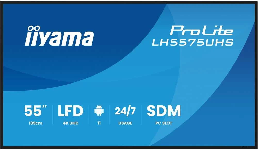 Monitorius „IIYAMA LH5575UHS-B2AG“ 55 colių 3840x2160 UHD IPS panelė, migla, 25 procentai, 500 cd/m², horizontaliai ir vertikaliai.