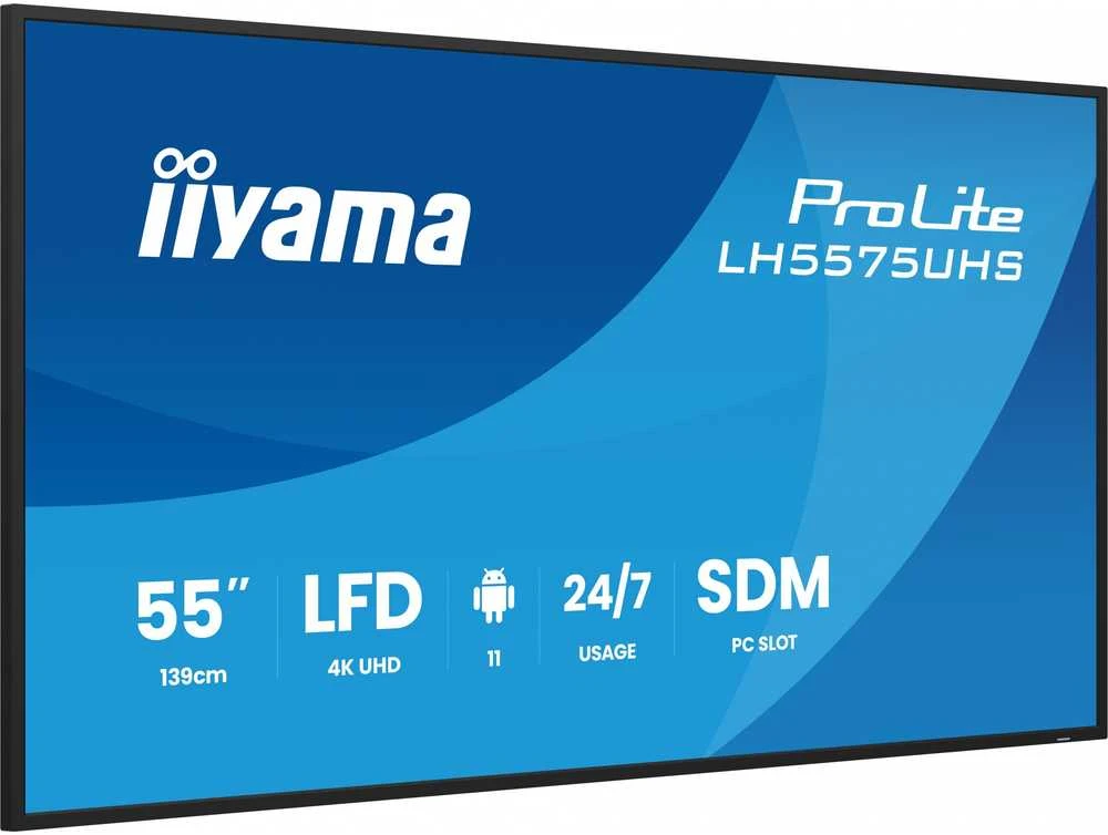 Monitorius „IIYAMA LH5575UHS-B2AG“ 55 colių 3840x2160 UHD IPS panelė, migla, 25 procentai, 500 cd/m², horizontaliai ir vertikaliai.