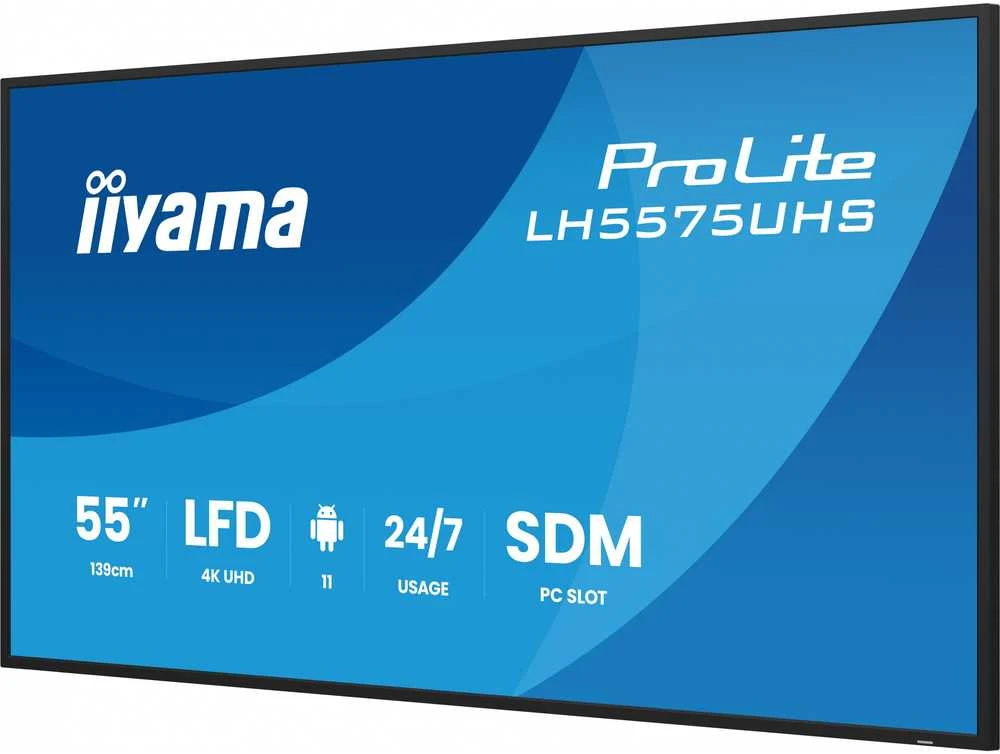 Monitorius „IIYAMA LH5575UHS-B2AG“ 55 colių 3840x2160 UHD IPS panelė, migla, 25 procentai, 500 cd/m², horizontaliai ir vertikaliai.