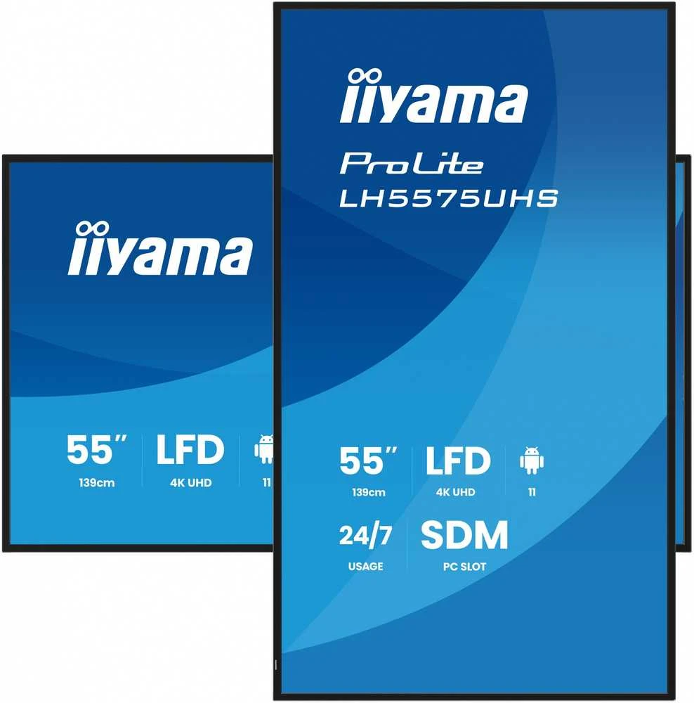 Monitorius „IIYAMA LH5575UHS-B2AG“ 55 colių 3840x2160 UHD IPS panelė, migla, 25 procentai, 500 cd/m², horizontaliai ir vertikaliai.