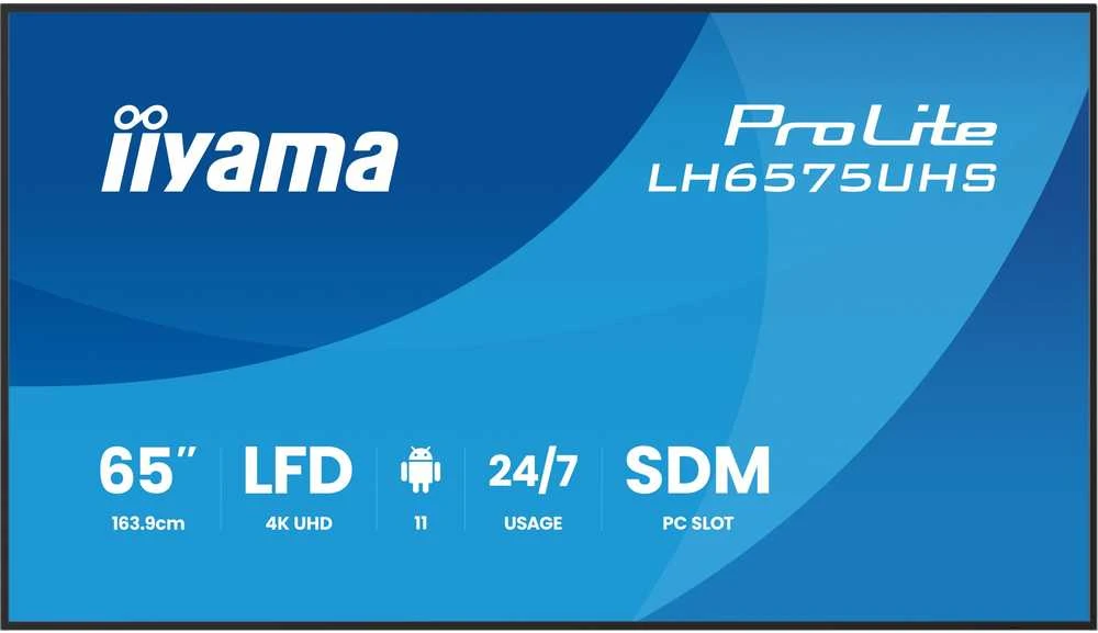 Monitorius „Iiyama LH6575UHS-B2AG“ 65 colių 4K UHD profesionalus skaitmeninis reklaminis ekranas, veikiantis visą parą, su „Android“ OS, „FailOver“ ir „Intel® SDM“ lizdu.