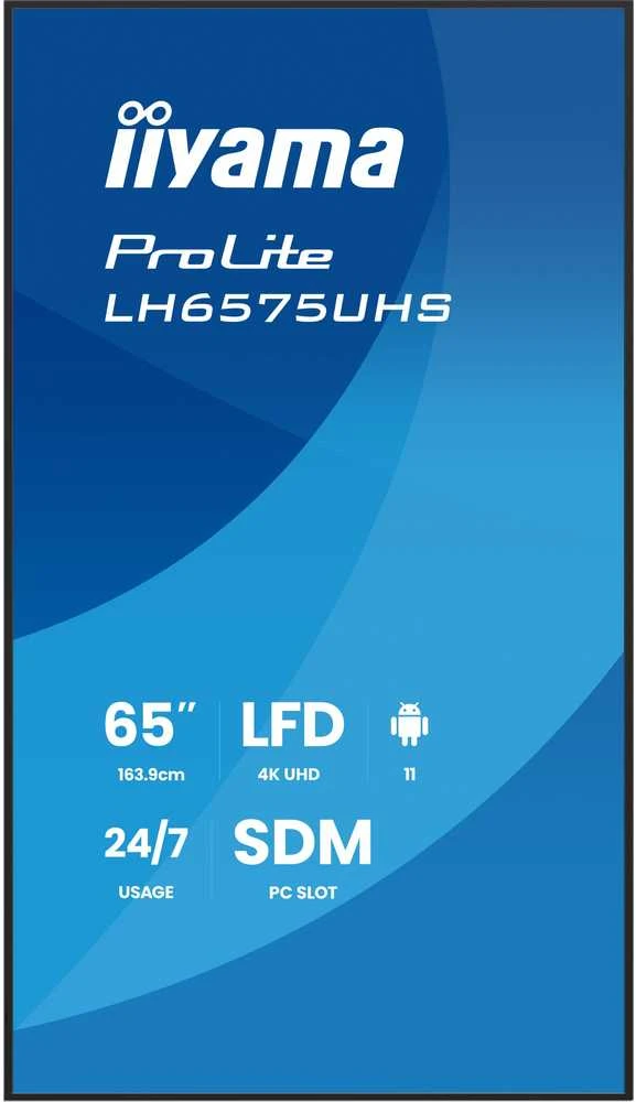 Monitorius „Iiyama LH6575UHS-B2AG“ 65 colių 4K UHD profesionalus skaitmeninis reklaminis ekranas, veikiantis visą parą, su „Android“ OS, „FailOver“ ir „Intel® SDM“ lizdu.