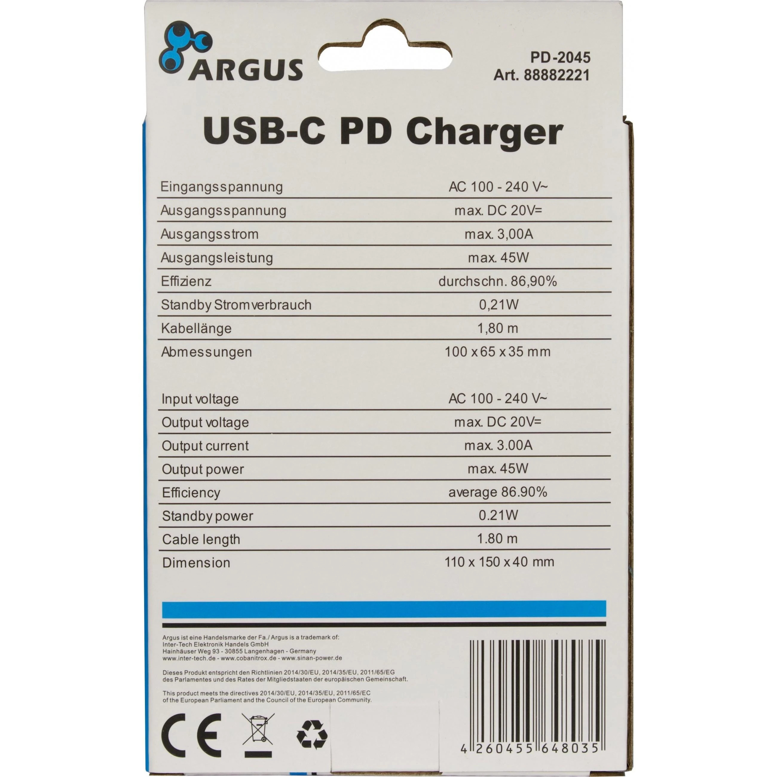 Įkroviklis Inter-Tech PD-2045 45 W Juodas (88882221)