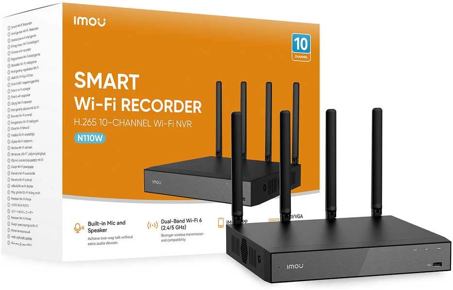 IMOU 10 kanalų įrašymo įrenginys, 4 WiFi antenos, 6 mikrofonai, garsiakalbis, HDMI, VGA, NVR-N110W-8A0E
