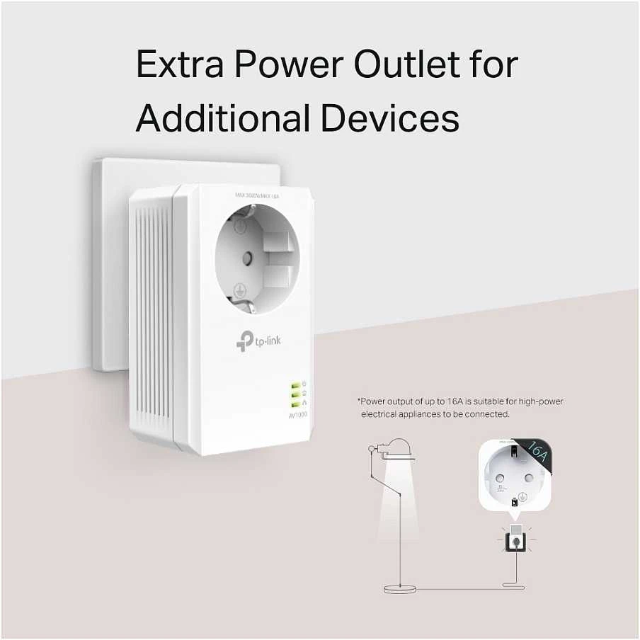 TP-LINK | AV1000 Gigabit Passthrough Powerline Adapteris | TL-PA7017P | 1000 Mbit/s | Ethernet LAN (RJ-45) jungtys 1 | Nėra „Wi-Fi“ | Papildomas lizdas