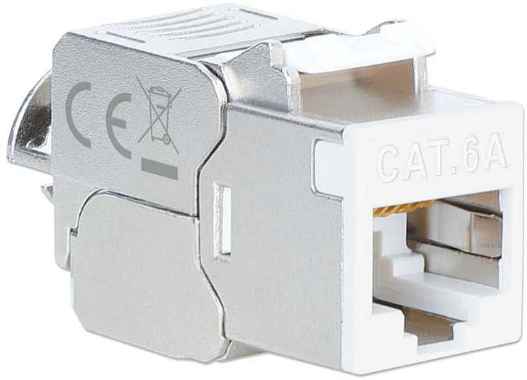 „Intellinet Network Solutions“ INTELLINET Cat6a 10G plonas „Keystone“ modulis STP be įrankių su fiksavimo spaustuku vientisam laidui, paauksuoti kontaktai, metalinis korpusas, baltas