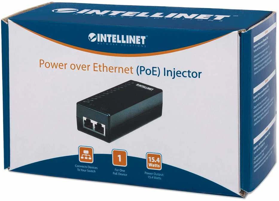 „Intellinet Power over Ethernet“ (PoE) purkštukas, 1 prievadas, 48 V DC, suderinamas su IEEE 802.3af (Euro 2 kontaktų kištukas)