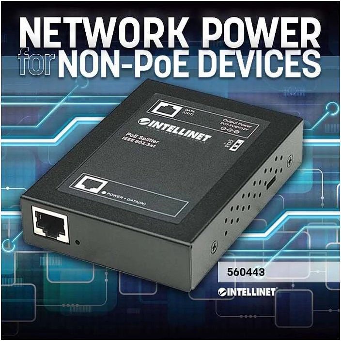 Šakotuvas „Intellinet Power over Ethernet“ (PoE+) skirstytuvas, IEEE802.3at, 5, 7,5, 9 arba 12 V nuolatinės srovės išėjimo įtampa