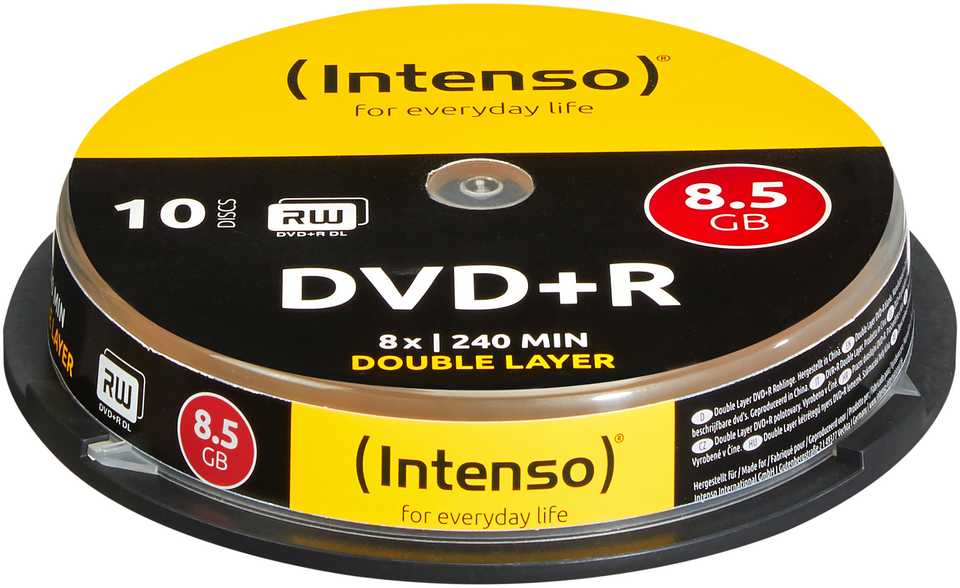 1x10 Intenso DVD+R 8,5GB 8x greitis, dvigubo sluoksnio tortų dėžutė