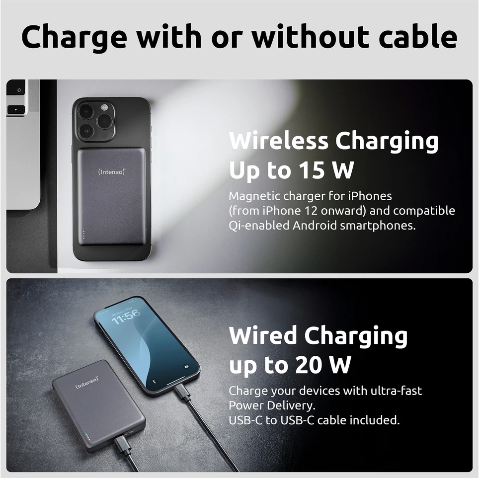 „Intenso Powerbank MW10000“ pilka 10000 mAh magnetinė belaidė baterija