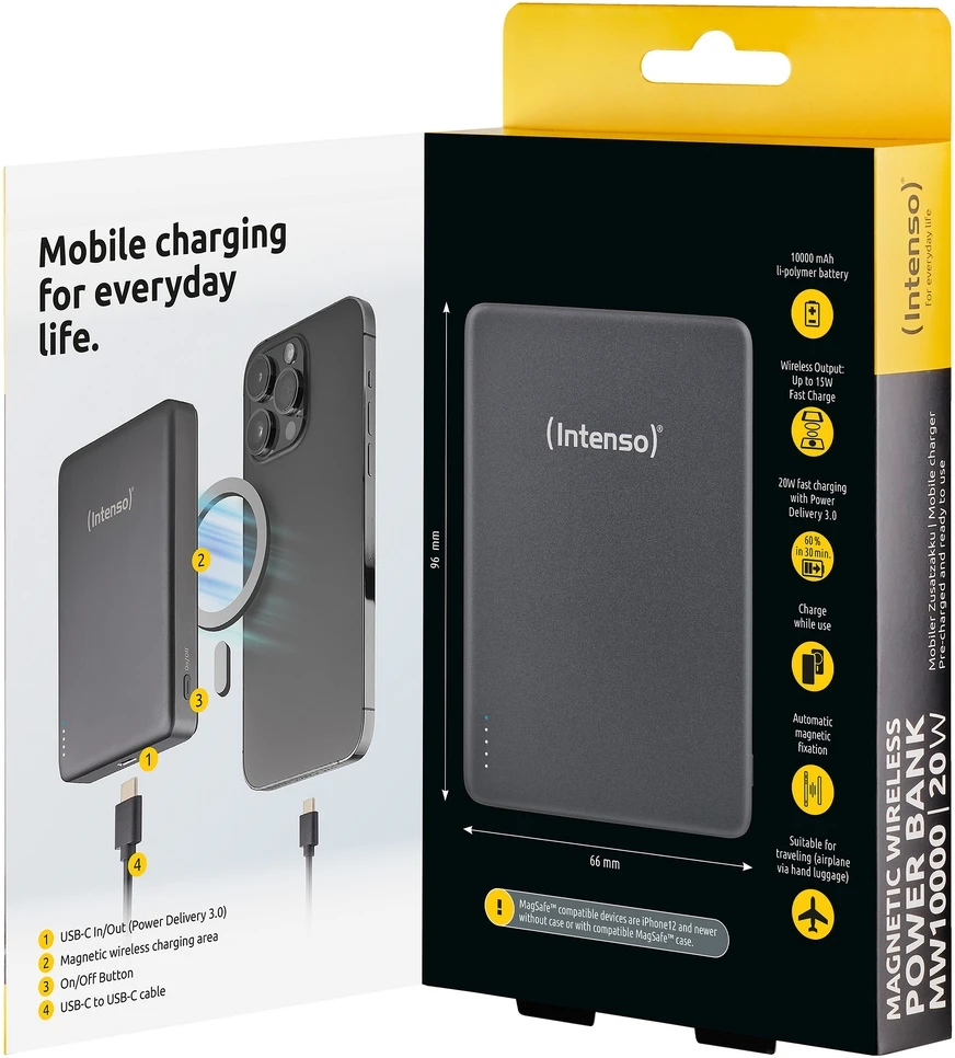 „Intenso Powerbank MW10000“ pilka 10000 mAh magnetinė belaidė baterija