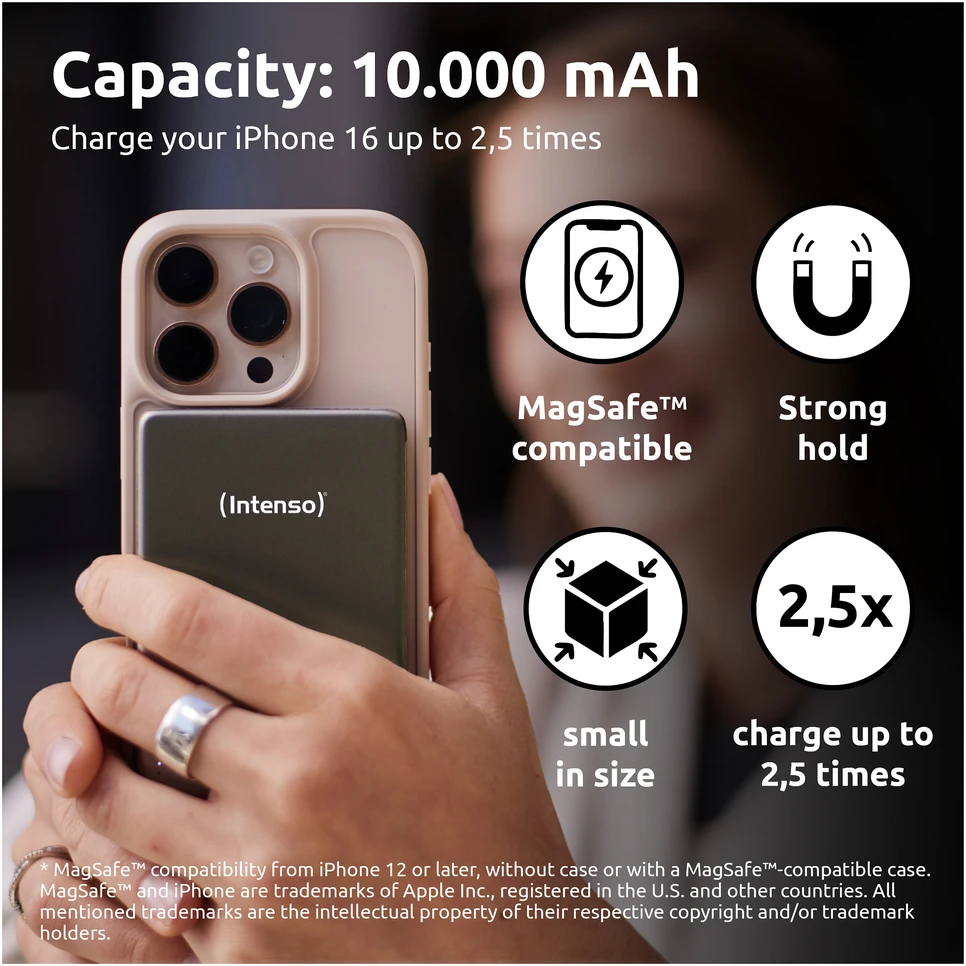 „Intenso Powerbank MW10000“ pilka 10000 mAh magnetinė belaidė baterija
