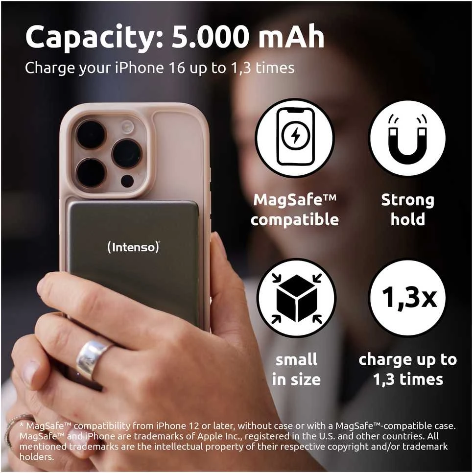 „Intenso Powerbank MW5000“ pilka 5000 mAh magnetinė belaidė baterija