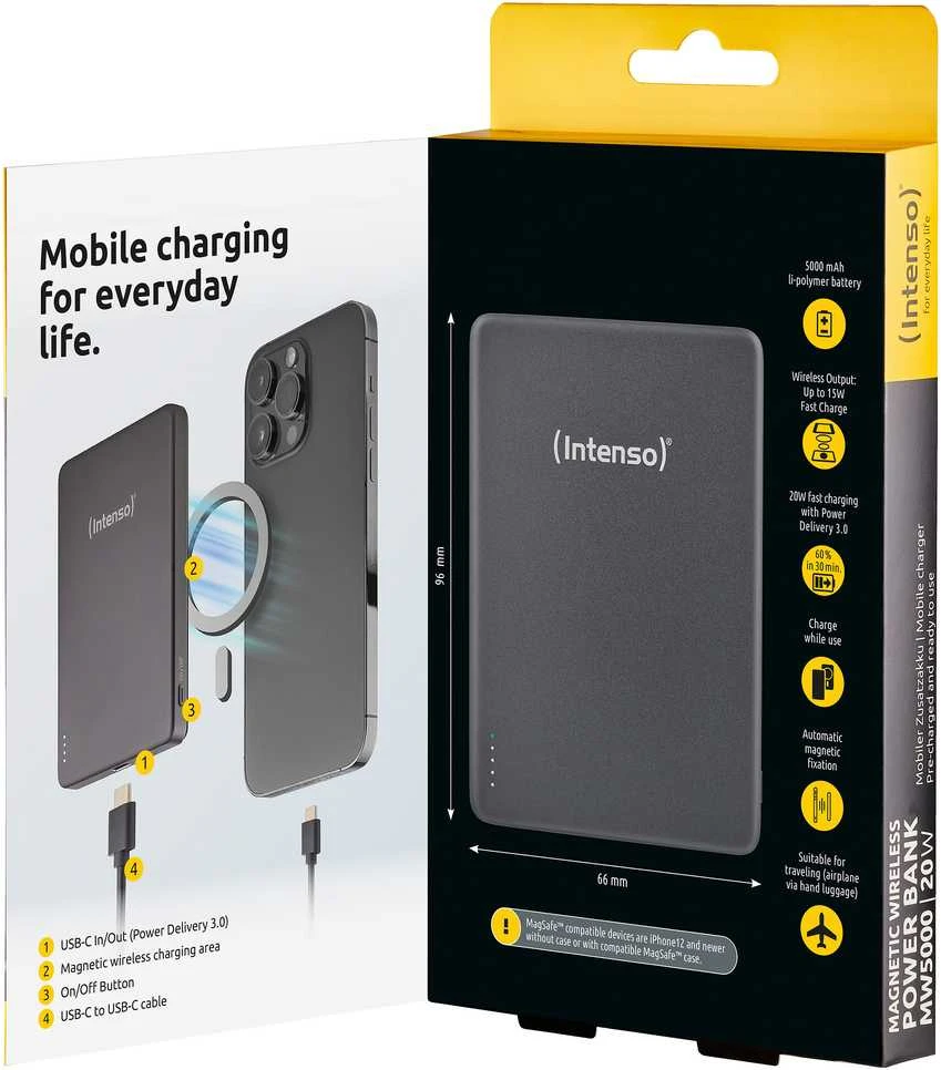 „Intenso Powerbank MW5000“ pilka 5000 mAh magnetinė belaidė baterija