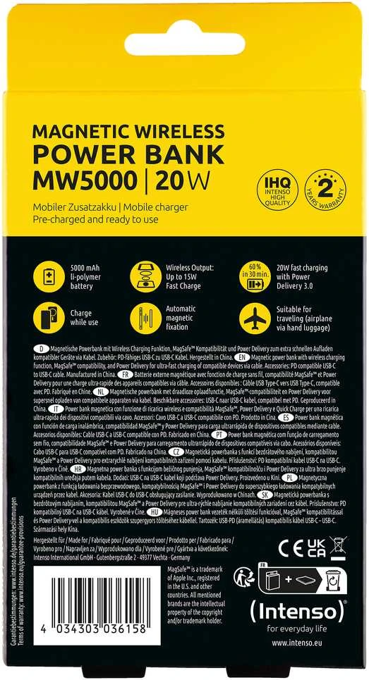 „Intenso Powerbank MW5000“ pilka 5000 mAh magnetinė belaidė baterija