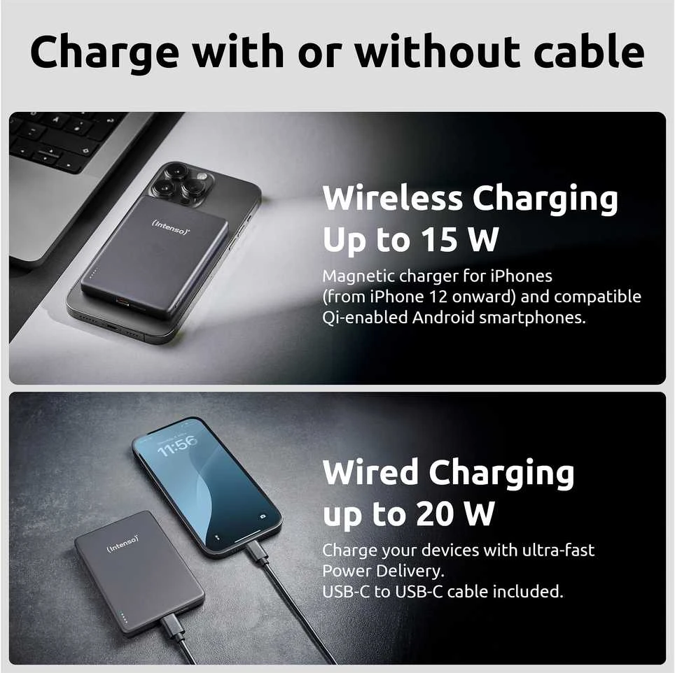„Intenso Powerbank MW5000“ pilka 5000 mAh magnetinė belaidė baterija