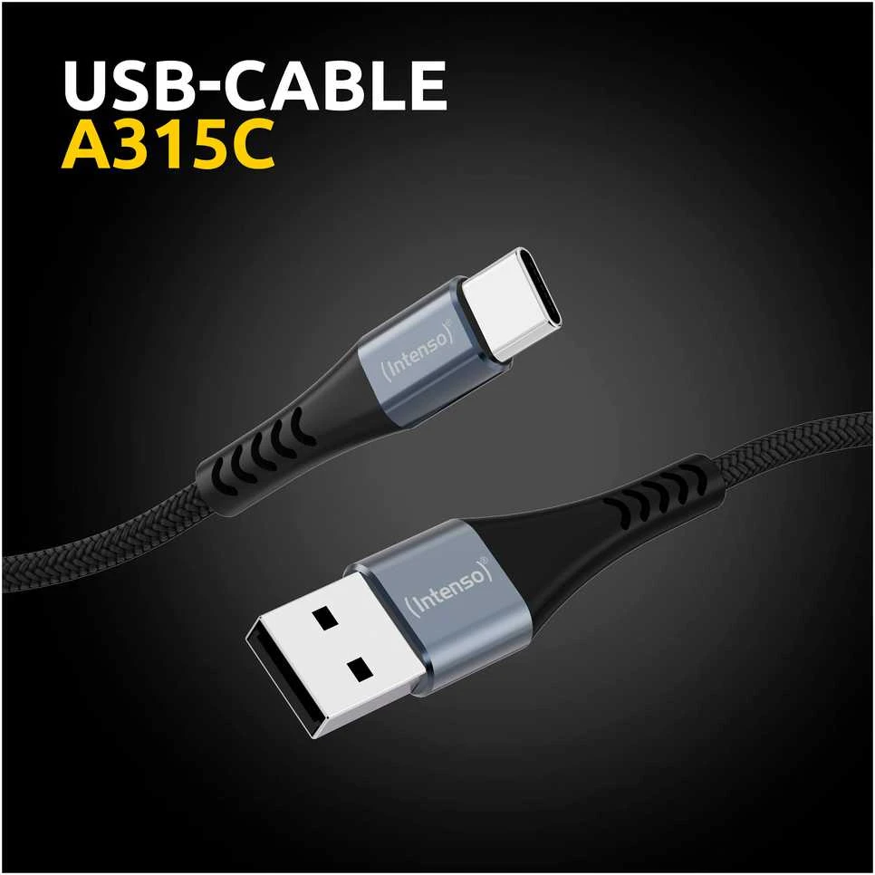 „Intenso A315C“ USB-C įkrovimo / duomenų perdavimo laidas, 1,5 m, greitas įkrovimas iki 60 vatų, juodas, 161 mm, 92 mm, 26 mm, 66 g